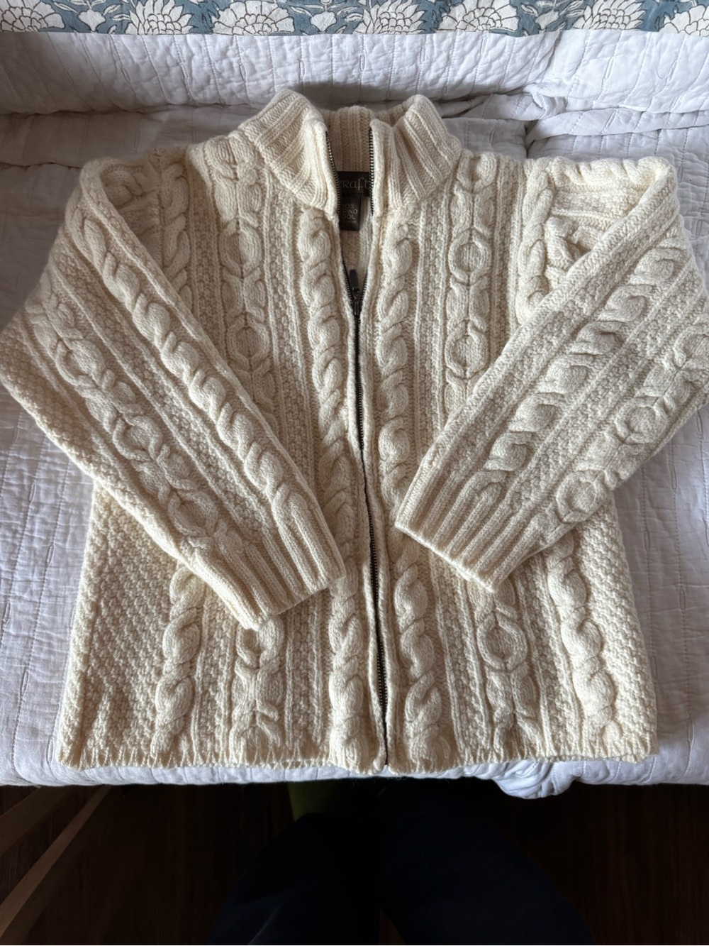 100% Merino Irish Cable-Knit Zip Front Sweater - Cream